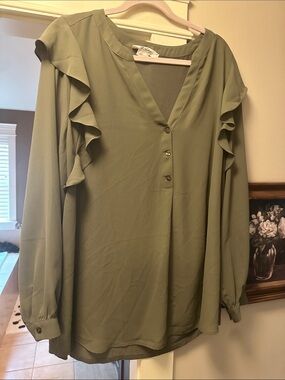 Penningtons Olive Green Ruffle Sleeve Blouse